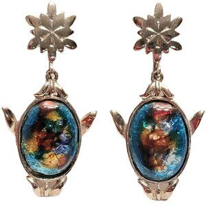 Celebrity Silver-Tone Foil Blue Oval Glass Dangle Clip On Earrings, Signed